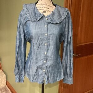 LOFT Blue Button Down Shirt with Ruffled Collar, Size M